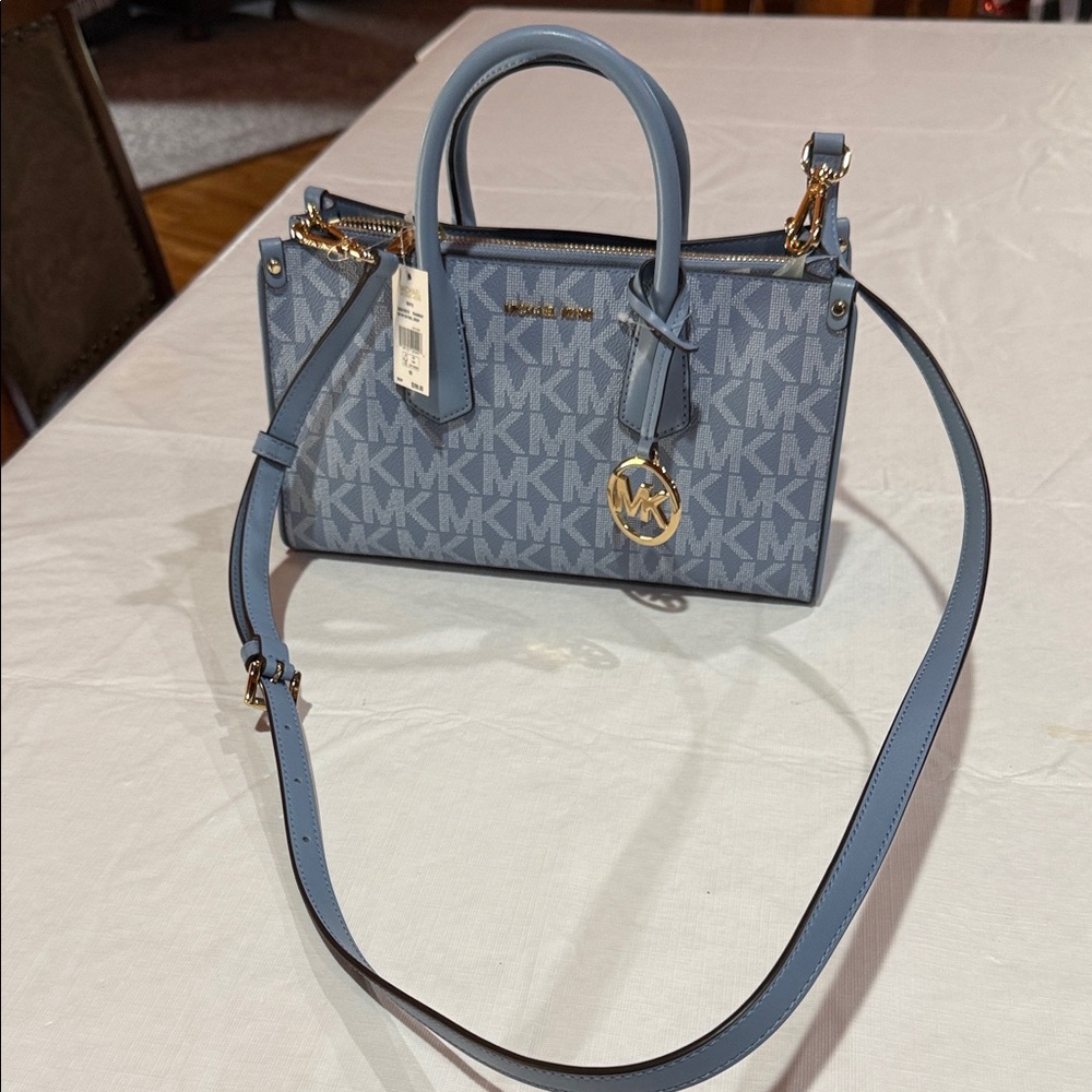 Michael Kors Dusty Blue MK Logo Satchel with Gold Hardware and Strap